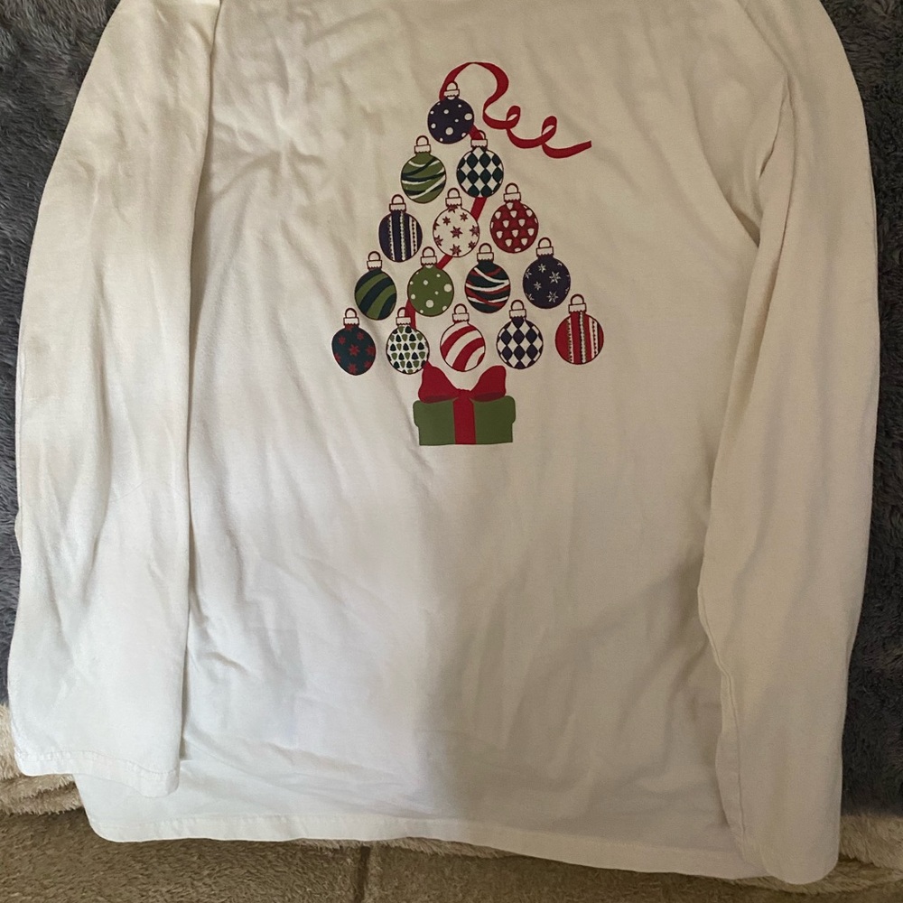 Long sleeve t-shirt with Christmas ornaments making a tree.  Size L
